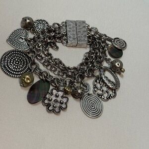 Chunky Silver Charm Bracelet with 3 Strands  & Magnetic Closure